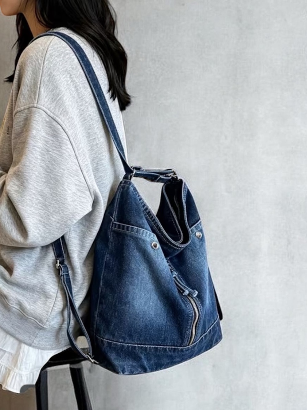 Denim Hobo Shoulder Bag - Dark Blue - Picture 9 of 9